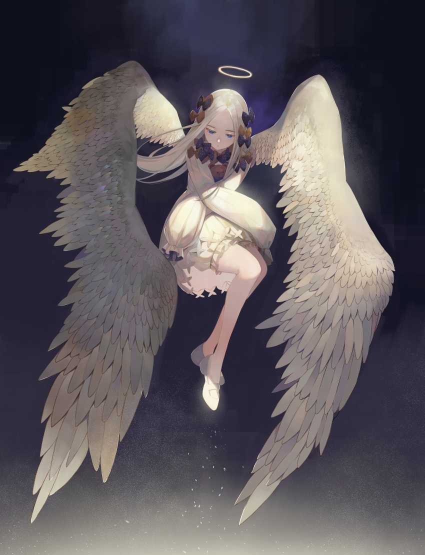 1girl abigail_williams_(fate/grand_order) absurdres alternate_color angel angel_wings bangs black_background black_bow bloomers blue_eyes blush bow bug butterfly closed_mouth commentary_request dress expressionless eyebrows_visible_through_hair fate/grand_order fate_(series) feathered_wings floating forehead gradient gradient_background hair_bow half-closed_eyes halo highres insect knees_up large_wings light light_particles long_hair long_sleeves looking_down no_hat no_headwear object_hug orange_bow parted_bangs polka_dot polka_dot_bow purple_background shadow shoes sleeves_past_fingers sleeves_past_wrists solo stuffed_animal stuffed_toy teddy_bear ugusu24 underwear very_long_hair white_bloomers white_dress white_footwear white_hair white_wings wings
