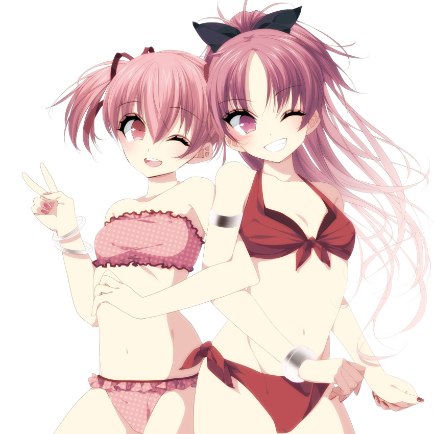 2girls ;d absurdres breasts grin highres kaname_madoka locked_arms long_hair mahou_shoujo_madoka_magica misteor multiple_girls one_eye_closed open_mouth sakura_kyouko simple_background small_breasts smile standing strapless strapless_bikini swimsuit twintails v very_long_hair white_background