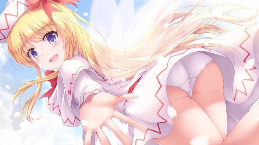 1girl :d blonde_hair blue_eyes blue_sky capelet cherry_blossoms clouds day dress eyebrows_visible_through_hair fairy_wings from_below hair_ribbon hat highres lily_white long_hair long_sleeves looking_at_viewer lzh open_mouth outdoors outstretched_arm panties petals red_neckwear red_ribbon ribbon sky smile solo touhou underwear upskirt very_long_hair white_capelet white_dress white_panties wings