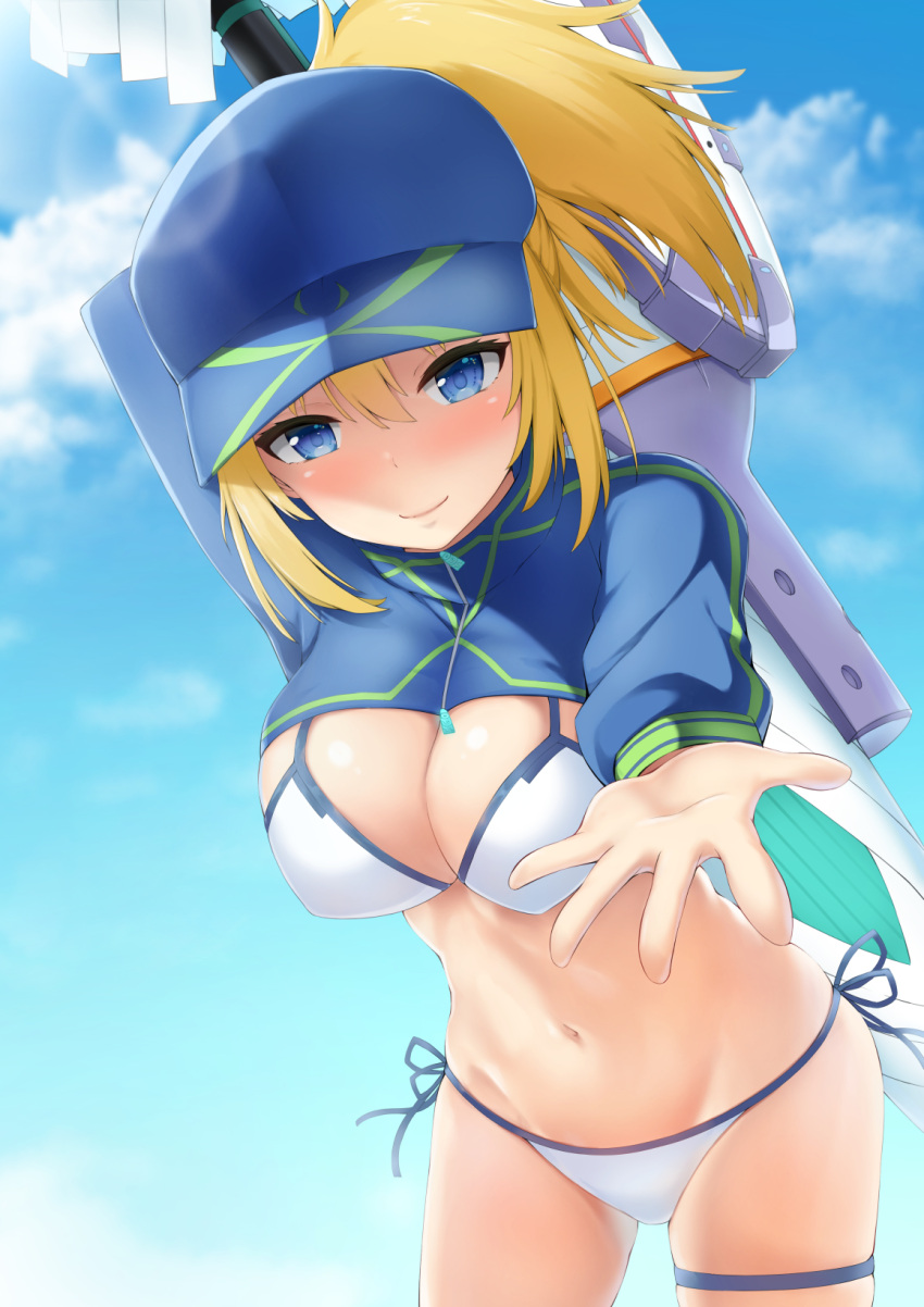 1girl arm_up artoria_pendragon_(all) bangs baseball_cap bikini blonde_hair blue_eyes blue_headwear blue_sky blush breasts clouds commentary_request cowboy_shot day fate/grand_order fate_(series) groin hair_between_eyes hat highres holding holding_weapon large_breasts leaning_forward long_sleeves looking_at_viewer mysterious_heroine_xx_(foreigner) navel nose_blush outdoors ponytail reaching_out short_hair short_ponytail shrug_(clothing) side-tie_bikini signature skindentation sky smile solo standing stomach swimsuit tatsumiya_kagari thigh_gap thigh_strap thighs twinmyniad weapon white_bikini