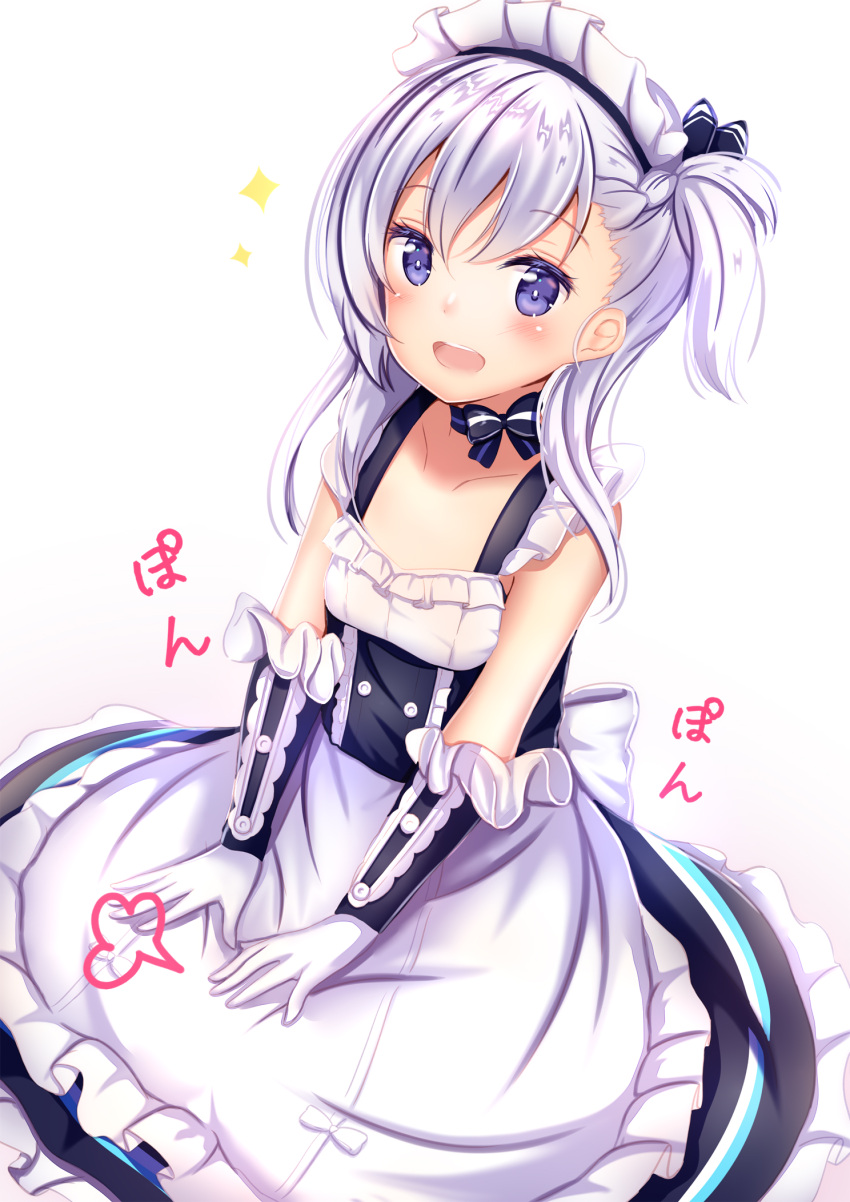 1girl :d apron azur_lane bare_shoulders belchan_(azur_lane) belfast_(azur_lane) black_choker black_dress blush choker collarbone dress flat_chest frills gloves highres long_hair looking_at_viewer maid maid_headdress one_side_up open_mouth simple_background smile solo sparkle violet_eyes waist_apron white_apron white_background white_gloves white_hair younger yuano