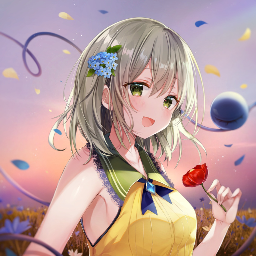 1girl :d adapted_costume armpits bangs bare_shoulders blue_flower blue_neckwear blue_ribbon blurry blurry_background blush breasts brooch commentary_request eyebrows_visible_through_hair flower green_eyes green_hair hair_between_eyes hair_flower hair_ornament heart heart_of_string highres holding holding_flower jewelry komeiji_koishi lace-trimmed_collar lace_trim large_breasts looking_at_viewer natsuki_(ukiwakudasai) neck_ribbon no_hat no_headwear open_mouth outdoors petals red_flower red_rose ribbon rose short_hair sidelocks smile solo sunset third_eye touhou upper_body