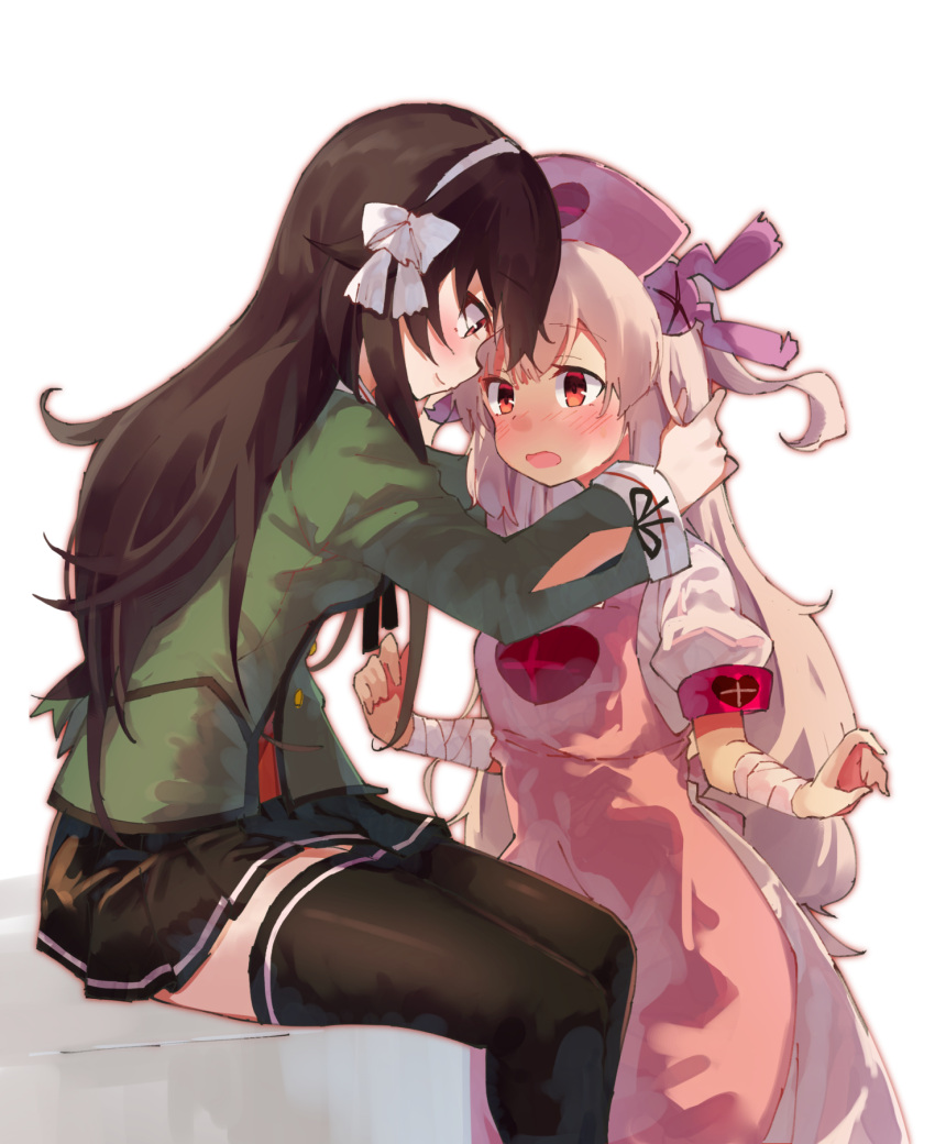 .live 2girls apron armband bandages bangs black_legwear black_skirt blush bow breasts brown_hair bunny_hair_ornament closed_mouth commentary feet_out_of_frame from_side green_shirt hair_between_eyes hair_bow hair_ornament hairband hairband_bow hands_in_hair hat heart highres light_brown_hair long_hair long_sleeves looking_at_another looking_down miniskirt multiple_girls natori_sana nurse_cap open_mouth pink_apron pink_headwear pleated_skirt puffy_short_sleeves puffy_sleeves ramu_(taka1995) red_eyes sana_channel shirt short_sleeves simple_background sitting skirt small_breasts smile thigh-highs thighs two_side_up virtual_youtuber white_background white_bow white_hairband yaezawa_natori yuri zettai_ryouiki