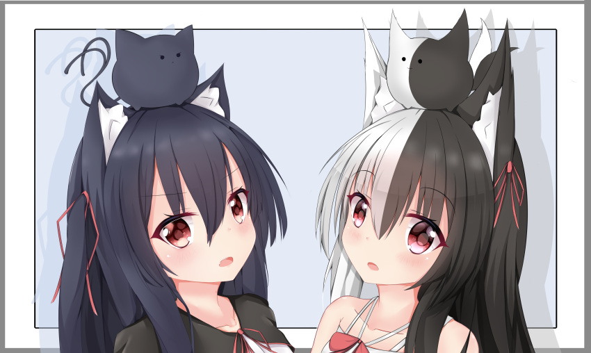 2girls :&lt; :3 absurdres alice_mana alice_mana_channel animal animal_ear_fluff animal_ears animal_on_head bangs bare_shoulders black_hair cat_ears chisuzu_mei closed_mouth commentary_request crossover dress drop_shadow eyebrows_visible_through_hair fang hair_between_eyes hair_ribbon highres long_hair multicolored_hair multiple_girls nagato-chan on_head one_side_up open_mouth paryi_project red_eyes red_ribbon ribbon shirt sleeveless sleeveless_dress two-tone_hair upper_body v-shaped_eyebrows virtual_youtuber white_dress white_hair white_shirt