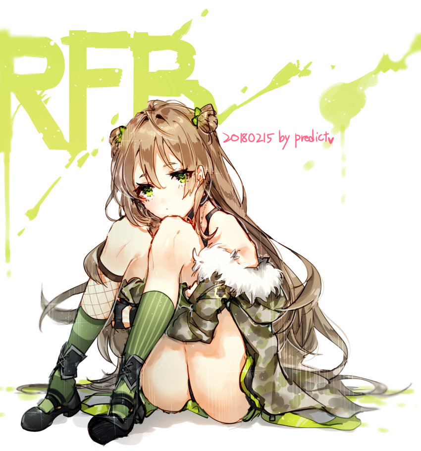 1girl ankle_cuffs artist_name ass asymmetrical_legwear bare_shoulders black_footwear bow brown_hair camouflage_jacket character_name commentary dated double_bun fishnet_legwear fishnets full_body fur-trimmed_jacket fur_trim girls_frontline green_bow green_eyes green_legwear green_skirt hair_bow highres horizontal_stripes jacket knees_up leg_hug mary_janes paint_splatter pinstripe_legwear predict rfb_(girls_frontline) shoes sitting skirt socks solo striped striped_legwear thighs white_background