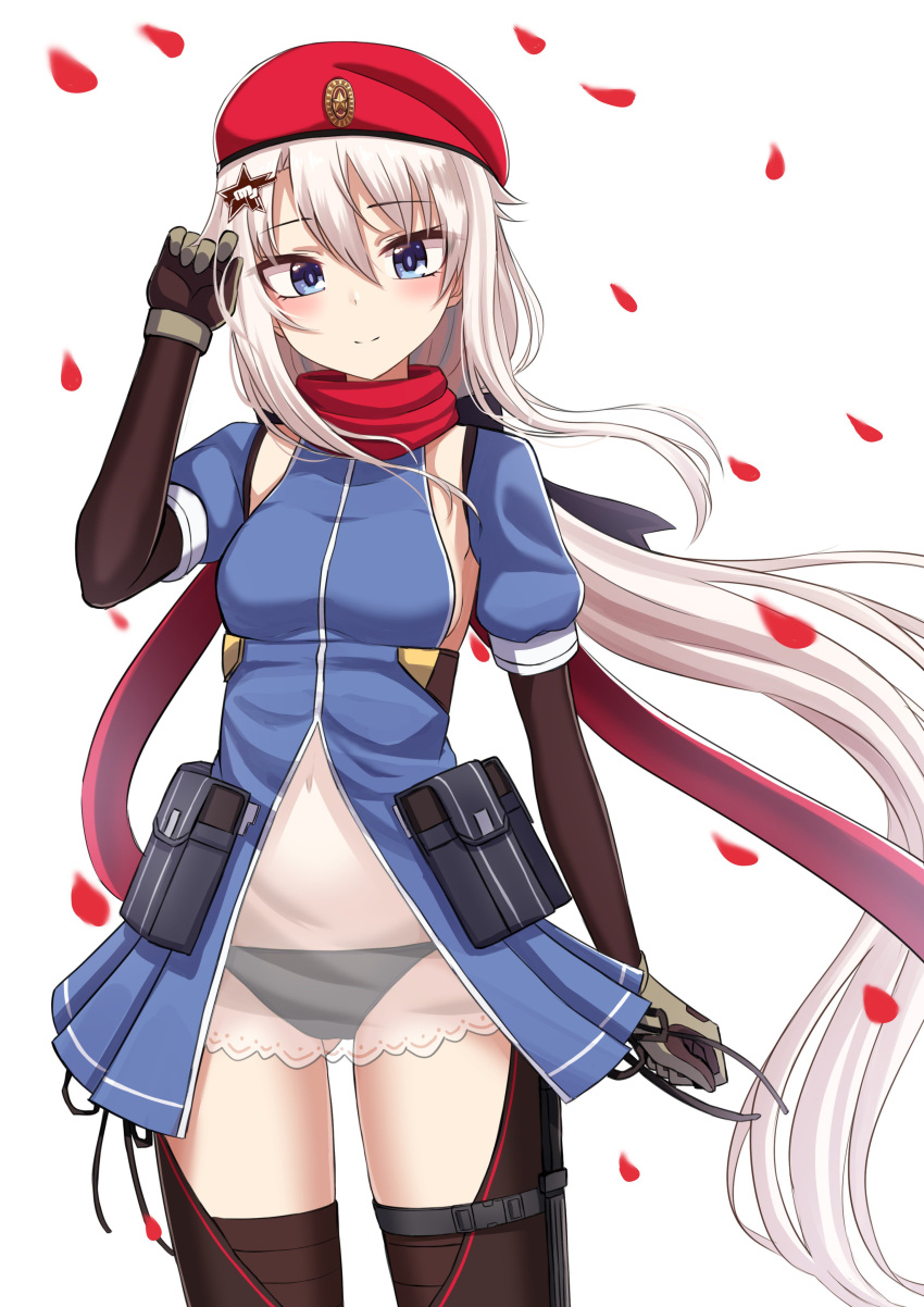 1girl 9a-91_(girls_frontline) absurdres ass_visible_through_thighs bangs beret black_panties blue_dress blue_eyes breasts brown_gloves brown_legwear commentary_request cowboy_shot detached_sleeves dress elbow_gloves girls_frontline gloves hair_between_eyes hair_ornament hairclip hand_up hat highres long_hair looking_at_viewer low_ponytail panties petals pouch rabochicken red_headwear red_scarf scarf see-through short_sleeves side-tie_panties silver_hair simple_background small_breasts smile solo standing star star_hair_ornament thighs underwear very_long_hair white_background