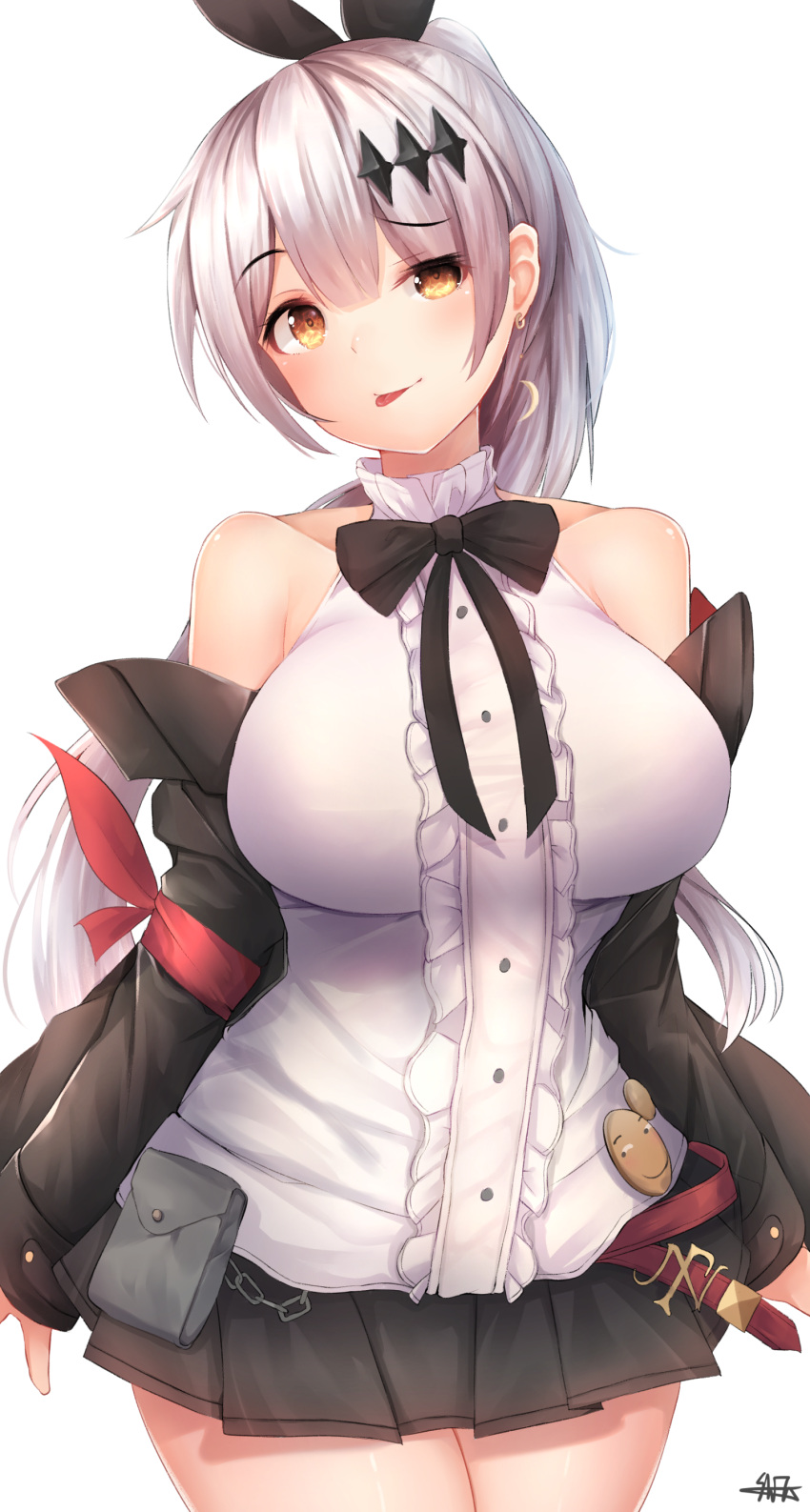 1girl :p absurdres bangs bare_shoulders blush bow breasts brown_eyes bunny_hair_ornament commentary_request crescent crescent_earrings earrings eyebrows_visible_through_hair five-seven_(girls_frontline) girls_frontline hair_ornament hair_ribbon highres hiromaster_sinta_jh huaji jacket jewelry large_breasts long_hair looking_at_viewer off_shoulder pleated_skirt ponytail ribbon sidelocks signature silver_hair simple_background single_earring skirt smile solo tongue tongue_out very_long_hair