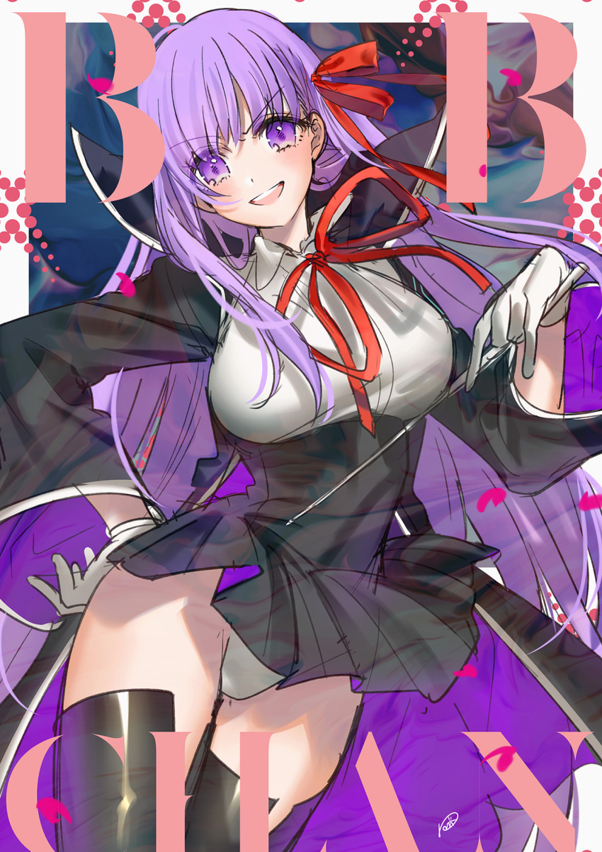 1girl bangs bb_(fate)_(all) bb_(fate/extra_ccc) black_coat boots breasts character_name coat commentary_request fate/extra fate/extra_ccc fate_(series) gloves hair_ribbon hand_on_hip high-waist_skirt highres kippu large_breasts leotard long_hair looking_at_viewer neck_ribbon open_clothes open_coat open_mouth popped_collar purple_hair red_ribbon ribbon skirt smile solo thigh-highs thigh_boots thighs very_long_hair violet_eyes wand white_gloves white_leotard