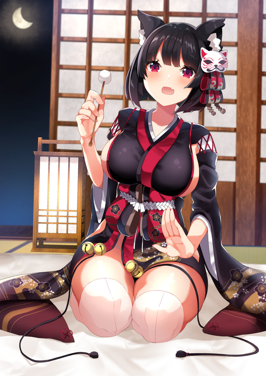 1girl :d absurdres animal_ear_fluff animal_ears azur_lane bangs bell black_hair black_kimono breasts cat_ears commentary_request eyelashes fang futon hand_up head_tilt highres indoors japanese_clothes jingle_bell kimono lap_pillow_invitation large_breasts long_hair looking_at_viewer mask mask_on_head mimikaki moon night open_mouth panties red_eyes sanba_tsui short_hair short_kimono sideboob simple_background smile solo tatami thigh-highs underwear white_legwear white_panties wide_sleeves window yamashiro_(azur_lane)