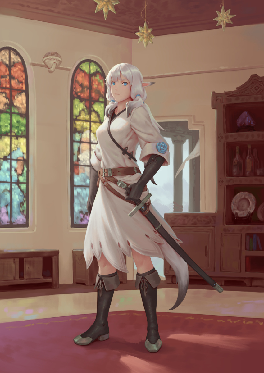 animal_ears bigrbear blue_eyes boots breasts dress flower gloves highres medium_breasts original pointy_ears sword tail weapon white_dress white_hair