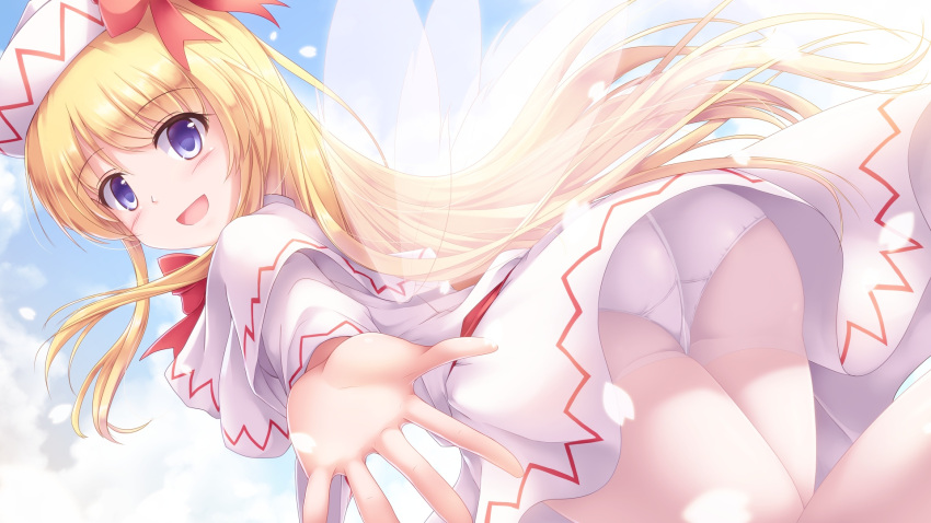 1girl :d blonde_hair blue_eyes blue_sky capelet cherry_blossoms clouds commentary_request day dress eyebrows_visible_through_hair fairy_wings from_below hair_ribbon hat highres lily_white long_hair long_sleeves looking_at_viewer lzh open_mouth outdoors outstretched_arm panties panties_under_pantyhose pantyhose petals red_neckwear red_ribbon ribbon sky smile solo touhou underwear upskirt very_long_hair white_capelet white_dress white_legwear white_panties wings