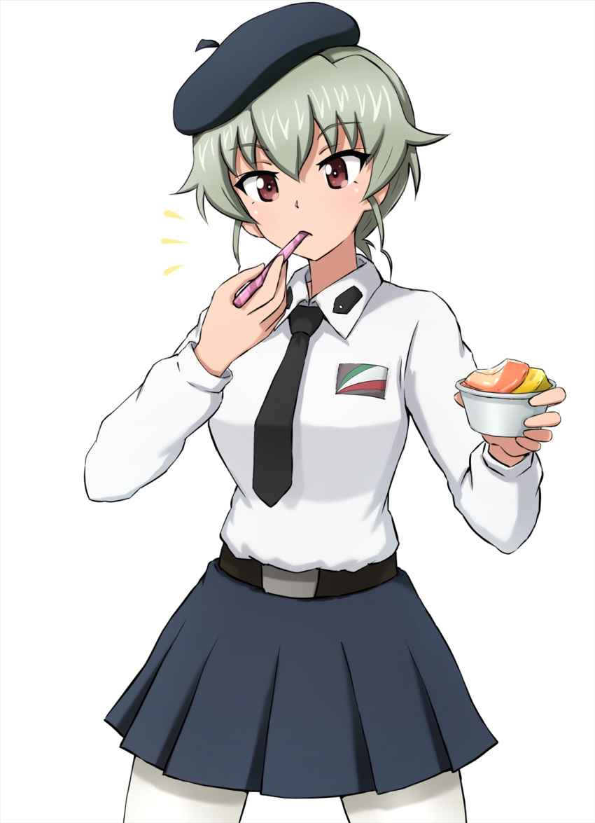 1girl alternate_hairstyle anchovy anzio_school_uniform bangs belt beret black_belt black_headwear black_neckwear black_skirt commentary cowboy_shot dress_shirt eating emblem eyebrows_visible_through_hair food gelato_(food) girls_und_panzer green_hair hair_up hat highres holding holding_food holding_spoon long_sleeves looking_at_viewer miniskirt necktie notice_lines omachi_(slabco) pleated_skirt red_eyes school_uniform shirt short_hair simple_background skirt solo spoon spoon_in_mouth standing white_background white_shirt