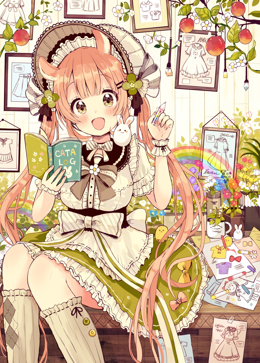 1girl :d absurdres animal animal_ears animal_on_shoulder apron bangs bird blue_flower blunt_bangs blush bonnet book bow breasts brown_bow brown_eyes brown_hair brown_legwear center_frills chick colored_pencil commentary_request diagonal_stripes eyebrows_visible_through_hair fingernails flower frilled_apron frilled_skirt frills green_skirt hair_ornament hairclip hands_up head_tilt highres holding holding_book holding_pencil huge_filesize kneehighs long_hair medium_breasts open_book open_mouth original otoko_no_ko pencil picture_frame puffy_short_sleeves puffy_sleeves purple_flower rabbit rainbow red_flower ribbed_legwear ribbon-trimmed_legwear ribbon_trim sakura_oriko shirt short_sleeves sitting skirt smile solo striped twintails very_long_hair waist_apron white_apron white_bow white_flower white_headwear white_shirt wrist_cuffs yellow_flower