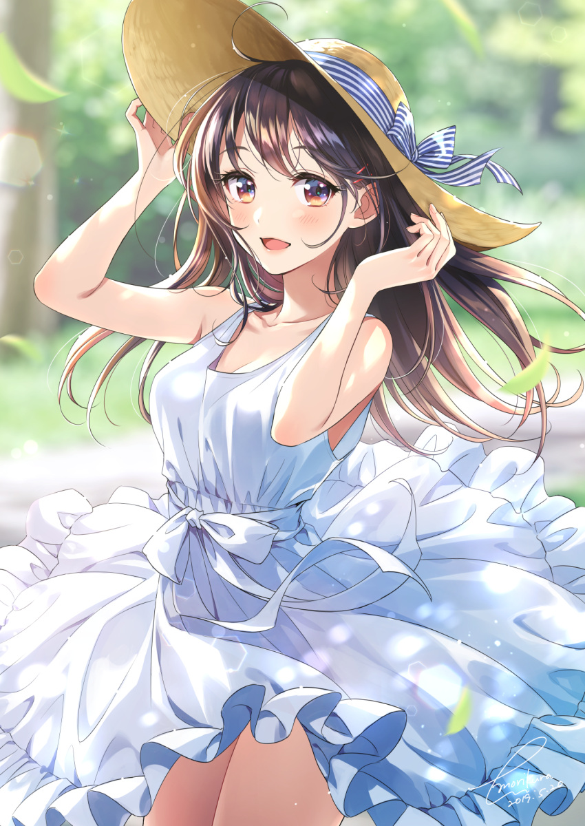 1girl :d bangs bare_shoulders blush breasts brown_eyes brown_hair collarbone commentary_request dated day dress floating_hair hair_ornament hairclip hat highres holding holding_hat long_hair looking_at_viewer medium_breasts morikura_en open_mouth original outdoors sidelocks signature sleeveless sleeveless_dress smile solo sun_hat sundress white_dress wind wind_lift