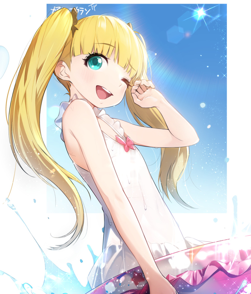 1girl ;d aqua_eyes blonde_hair blush bow day fpanda frilled_swimsuit frills highres idolmaster idolmaster_cinderella_girls innertube long_hair mary_cochran one-piece_swimsuit one_eye_closed open_mouth outdoors pink_bow smile solo splashing sun swimsuit twintails water wet white_swimsuit