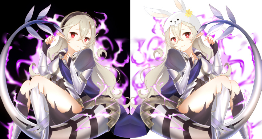 2girls animal_ears armor aura black_background black_hairband black_vs_white closed_mouth commentary_request dark_aura dragon_tail dual_persona fake_animal_ears female_my_unit_(fire_emblem_if) fire_emblem fire_emblem_heroes fire_emblem_if hairband heart heart-shaped_pupils long_hair multiple_girls my_unit_(fire_emblem_if) parted_lips pointy_ears rabbit_ears red_eyes rojiura-cat simple_background sitting smile symbol-shaped_pupils tail torn_clothes white_background white_hair