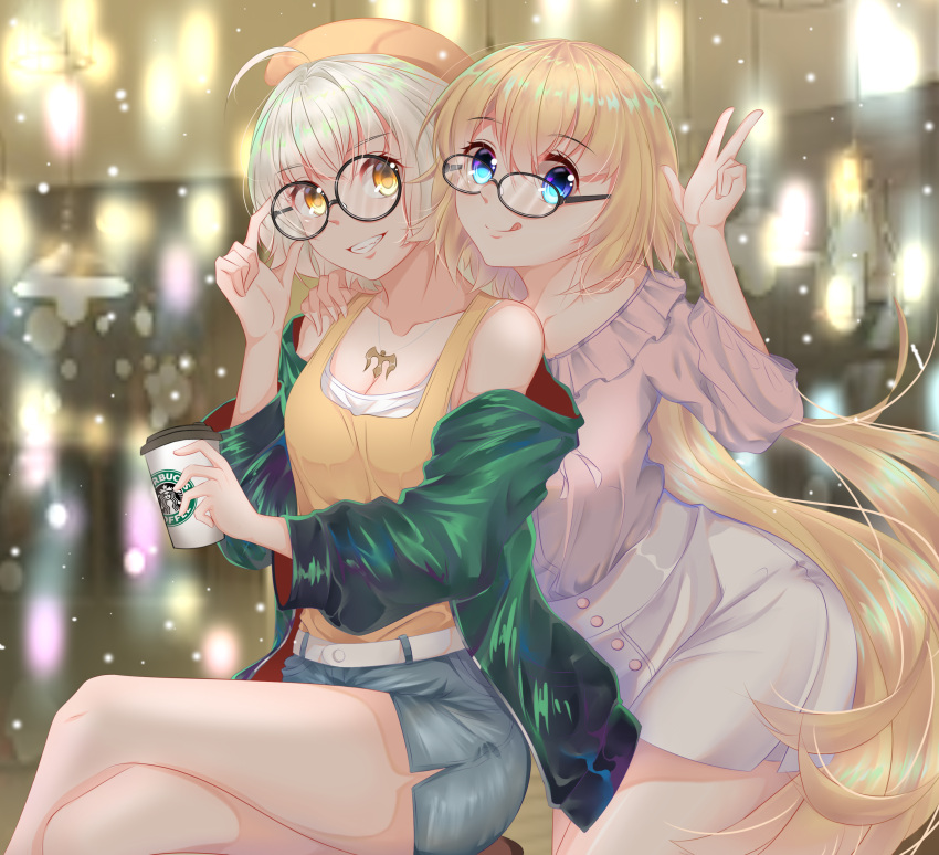 2girls absurdres alternate_costume bangs bare_shoulders belt blonde_hair blouse blue_eyes blurry blurry_background board_game breasts coffee_cup commentary cup disposable_cup fate/apocrypha fate/grand_order fate_(series) frilled_shirt_collar frills glasses go grin highres jacket jeanne_d'arc_(alter)_(fate) jeanne_d'arc_(fate) jeanne_d'arc_(fate)_(all) large_breasts long_hair long_sleeves multiple_girls sd4869 short_hair shorts silver_hair sitting skirt smile tank_top tongue tongue_out tsurime yellow_eyes