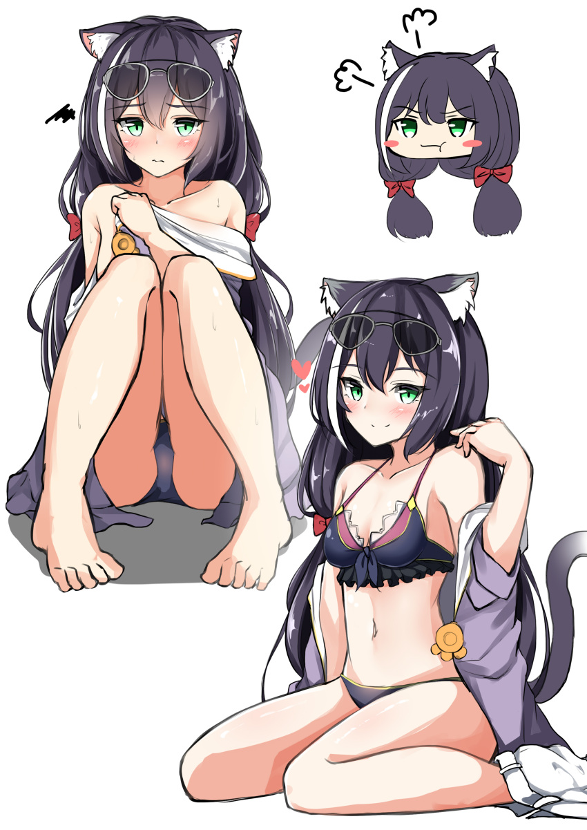 1girl :t absurdres animal_ear_fluff animal_ears ass bangs bare_legs bare_shoulders barefoot bikini black_bikini black_bikini_bottom black_hair blush blush_stickers breasts cat_ears cat_girl cat_tail chibi closed_mouth collarbone eyebrows_visible_through_hair eyewear_on_head frilled_jacket glasses green_eyes grey-framed_eyewear hair_between_eyes hand_up heart highres jacket kyaru_(princess_connect) long_hair moyoron multicolored_hair multiple_views navel off_shoulder open_clothes open_jacket pigeon-toed pout princess_connect! princess_connect!_re:dive purple_jacket short_shorts shorts shorts_around_one_leg simple_background sitting small_breasts smile squiggle streaked_hair sunglasses sweat swimsuit tail very_long_hair wariza wavy_mouth white_background white_hair white_shorts