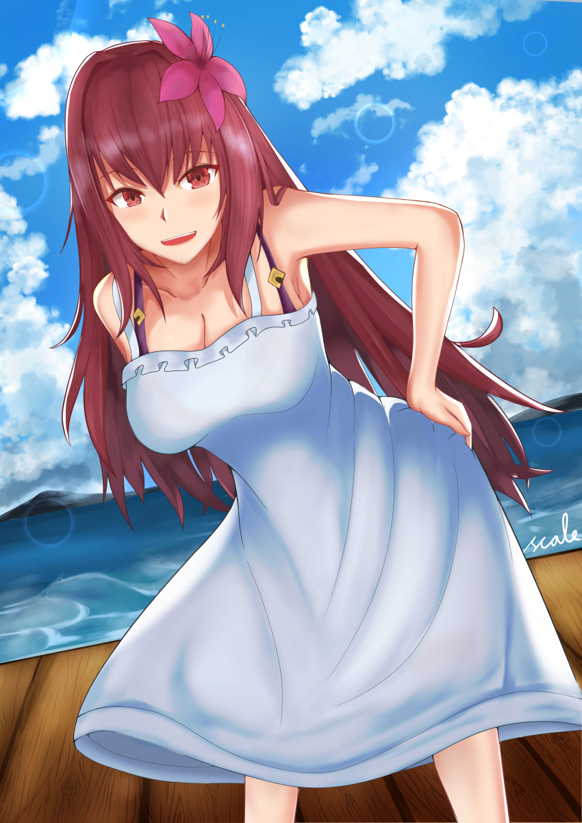 1girl absurdres artist_request breasts cute dress fate/grand_order fate/stay_night fate_(series) highres large_breasts long_hair looking_at_viewer purple_hair scathach_(fate)_(all) scathach_(fate/grand_order) solo summer sundress type-moon ufotable