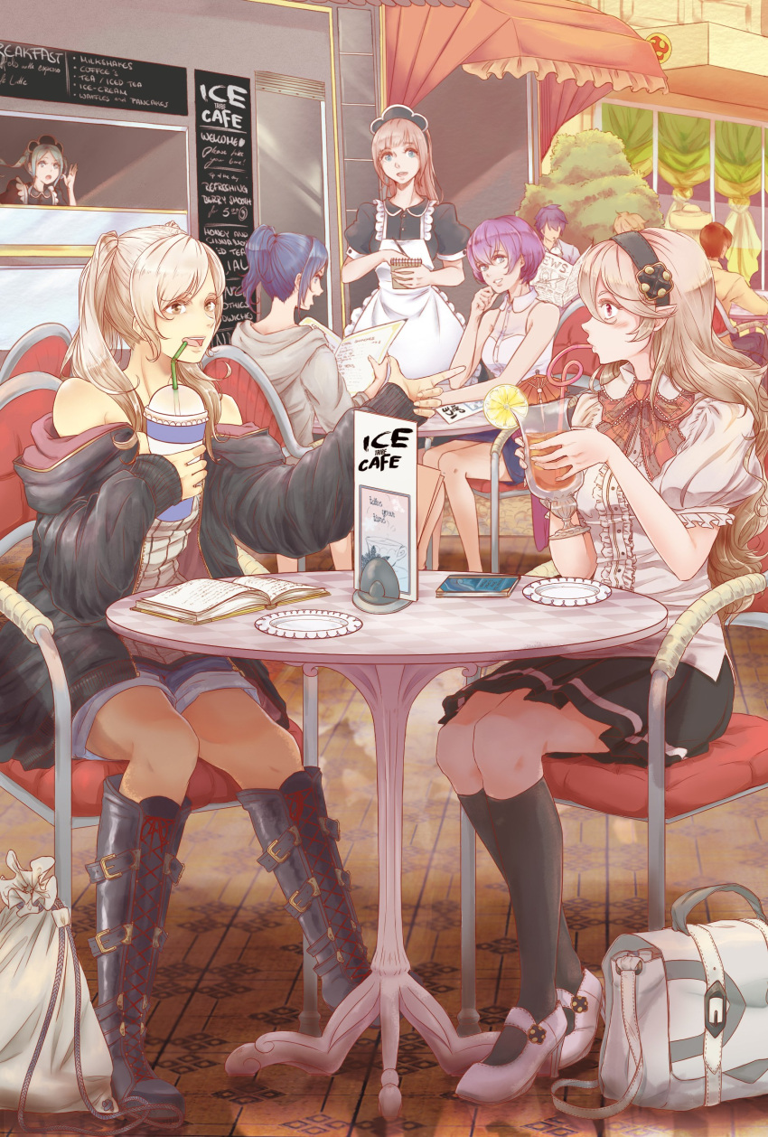 6+girls absurdres alternate_universe apron belt_boots black_legwear boots cafe casual chair commentary corrin_(fire_emblem) corrin_(fire_emblem)_(female) cross-laced_footwear dragon_girl drink drinking_straw elf felicia_(fire_emblem_if) female_my_unit_(fire_emblem:_kakusei) female_my_unit_(fire_emblem:_shin_monshou_no_nazo) female_my_unit_(fire_emblem_if) fire_emblem fire_emblem:_kakusei fire_emblem:_shin_monshou_no_nazo fire_emblem_heroes fire_emblem_if flora_(fire_emblem_if) hairband high_heels highres hood hoodie human intelligent_systems kamui_(fire_emblem) katarina_(fire_emblem) knee_boots kneehighs kris_(fire_emblem) kris_(fire_emblem)_(female) lace-up_boots lithety long_hair maid_apron maid_headdress menu menu_board multiple_girls my_unit_(fire_emblem:_kakusei) my_unit_(fire_emblem:_shin_monshou_no_nazo) my_unit_(fire_emblem_if) newspaper nintendo off_shoulder plate pointy_ears puffy_short_sleeves puffy_sleeves purple_hair reflet robin_(fire_emblem) robin_(fire_emblem)_(female) short_shorts short_sleeves shorts silver_hair sitting skirt super_smash_bros. table twintails