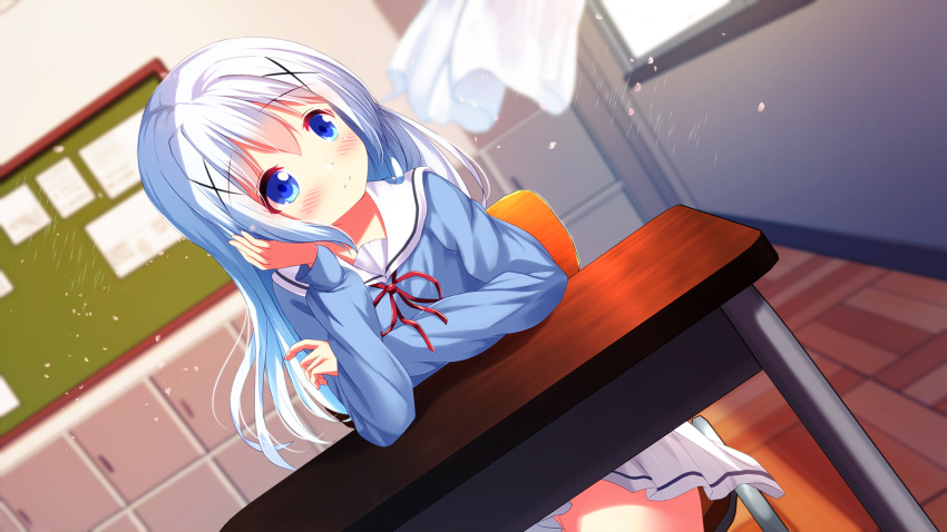 1girl arm_support bangs blue_shirt blurry blurry_background blush chair chinomaron closed_mouth commentary_request curtains day depth_of_field desk eyebrows_visible_through_hair gochuumon_wa_usagi_desu_ka? hair_between_eyes hair_ornament hand_up head_tilt highres hoto_cocoa's_school_uniform indoors kafuu_chino long_sleeves looking_away looking_to_the_side neck_ribbon on_chair pleated_skirt red_ribbon ribbon sailor_collar school_chair school_desk school_uniform serafuku shirt sitting skirt sleeves_past_wrists smile solo sunlight white_sailor_collar white_skirt window x_hair_ornament
