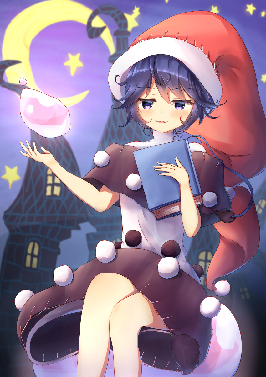 1girl :3 abstract_background absurdres arms_up blue_eyes blue_hair blush book commentary_request crescent_moon doremy_sweet dream_soul dress eyebrows_visible_through_hair feet_out_of_frame hair_between_eyes half-closed_eyes hat high_collar highres holding holding_book house layered_dress looking_at_viewer moon nightcap open_hand parted_lips pom_pom_(clothes) red_headwear sachisudesu short_hair sitting solo star stitches tail tapir_tail touhou