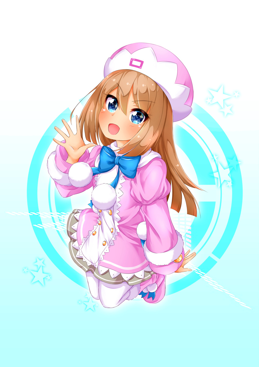 1girl :d absurdres blue_background blue_eyes blush boots brown_hair full_body fur-trimmed_boots fur-trimmed_jacket fur-trimmed_sleeves fur_trim grey_skirt hair_between_eyes hand_up hat highres jacket long_hair looking_at_viewer moesode_i neptune_(series) open_mouth pantyhose pink_coat pink_footwear pleated_skirt pom_pom_(clothes) ram_(neptune_series) skirt smile solo star starry_background waving white_legwear