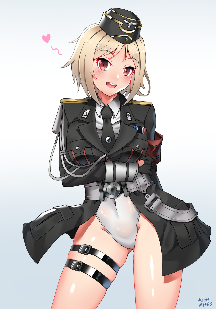 1girl :d absurdres arm_across_waist armband ass_visible_through_thighs belt black_neckwear blonde_hair blush breast_hold breasts character_name contrapposto covered_navel cowboy_shot eyebrows_visible_through_hair girls_frontline gradient gradient_background hat heart highres kirochef leotard leotard_under_clothes medium_breasts military military_hat military_jacket military_uniform mp40_(girls_frontline) necktie open_mouth red_eyes short_hair skindentation smile solo thigh_strap uniform white_leotard