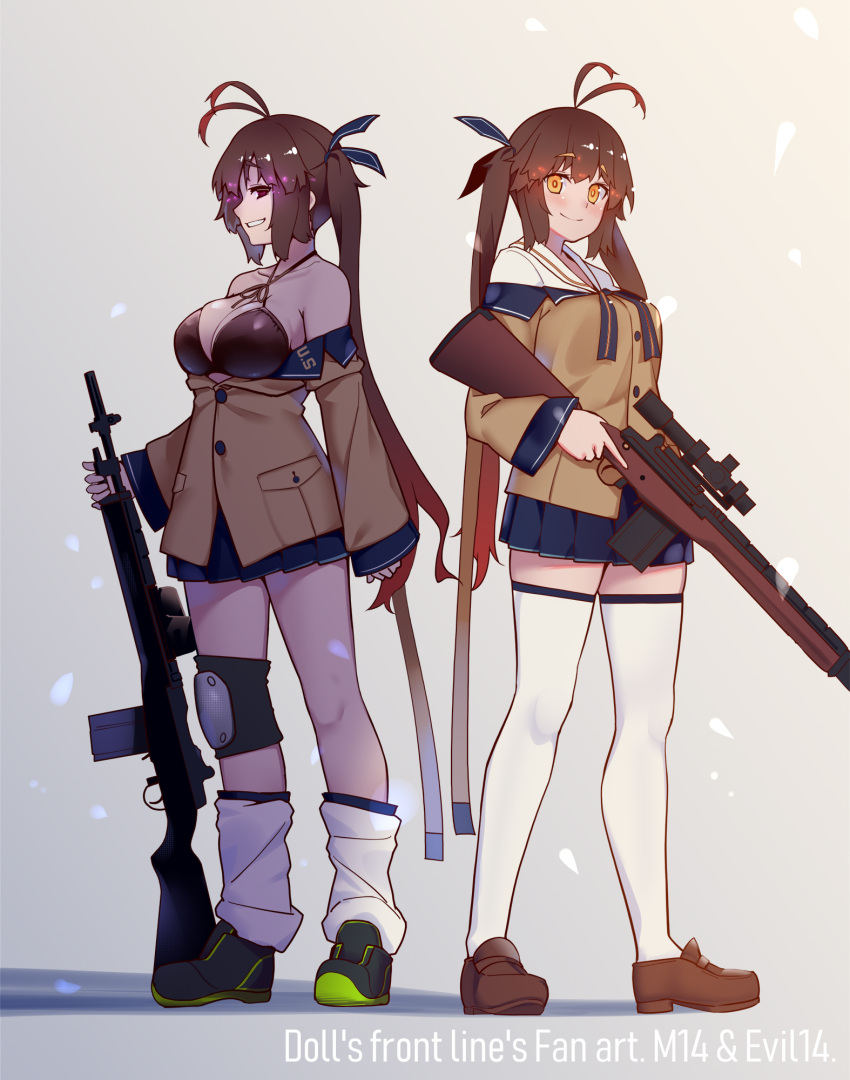 2girls antenna_hair battle_rifle black_bikini_top breasts brown_footwear brown_hair closed_mouth collarbone commentary_request dual_persona eyebrows_visible_through_hair girls_frontline gun highres holding holding_gun holding_weapon large_breasts loafers long_hair long_sleeves looking_at_viewer m14 m14_(girls_frontline) multiple_girls off_shoulder parted_lips pleated_skirt rifle shoes skirt sneakers standing teeth thigh-highs twintails warashi weapon white_legwear yellow_eyes