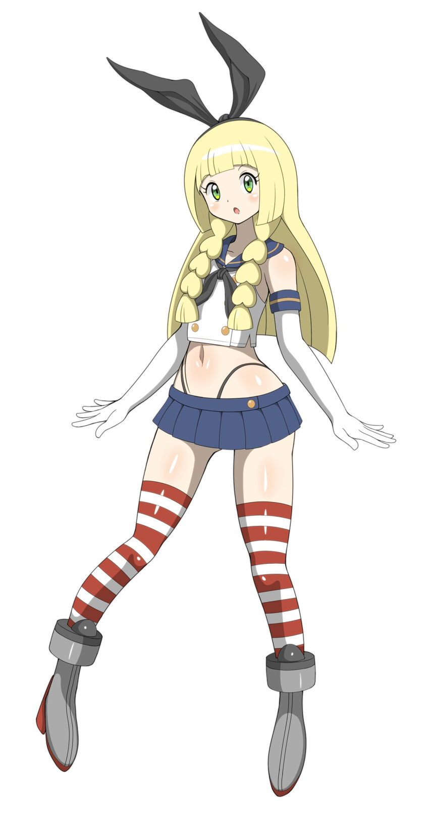 1girl absurdres black_panties blonde_hair blue_skirt braid commentary cosplay crop_top elbow_gloves full_body gloves green_eyes hairband highleg highleg_panties highres kantai_collection lillie_(pokemon) long_hair microskirt navel open_mouth panties pokemon pokemon_(game) pokemon_sm sailor_collar shimakaze_(kantai_collection) shimakaze_(kantai_collection)_(cosplay) shoukin500 simple_background skirt solo striped striped_legwear thigh-highs twin_braids underwear white_background white_gloves