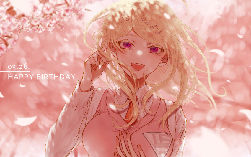 1girl ahoge akamatsu_kaede blonde_hair breasts commentary_request dangan_ronpa dated face hair_ornament happy_birthday highres kureha221 large_breasts long_hair long_sleeves looking_at_viewer messy_hair musical_note musical_note_hair_ornament necktie new_dangan_ronpa_v3 outdoors school_uniform shirt smile solo sweater_vest white_shirt