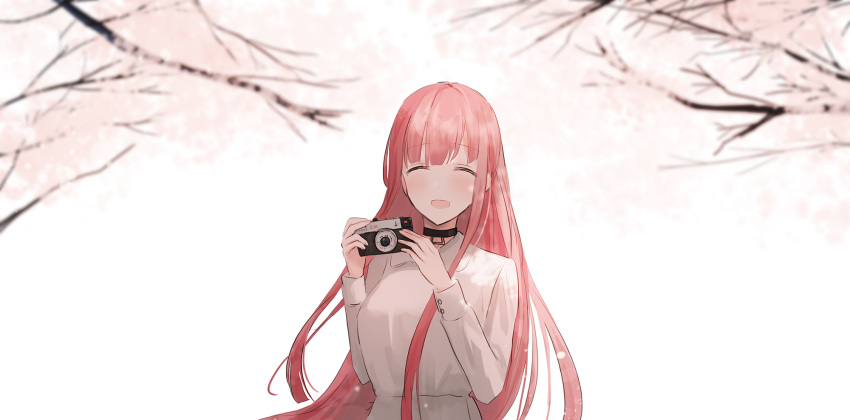 1girl :d ^_^ black_choker blurry blurry_background blush breasts camera cherry_blossoms chihuri choker closed_eyes collared_dress depth_of_field dress facing_viewer flower highres holding holding_camera long_hair open_mouth original pink_flower pink_hair small_breasts smile solo tree_branch upper_body very_long_hair white_background white_dress yana_(chihuri)