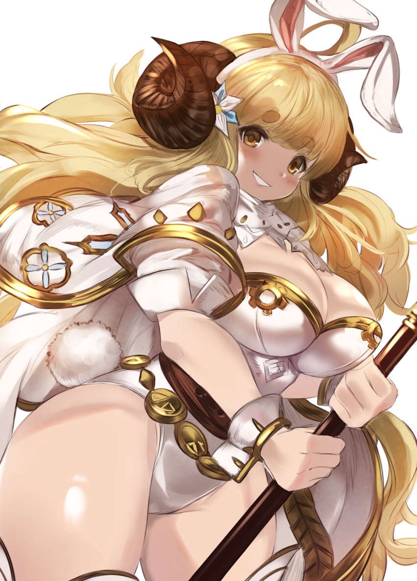 1girl ahoge anila_(granblue_fantasy) animal_ears bangs blonde_hair blunt_bangs blush breasts dress eyebrows fake_animal_ears fur_trim gloves granblue_fantasy highres holding horns large_breasts leotard long_hair looking_at_viewer maou_(maoudaisukiya) rabbit_ears sheep_ears sheep_horns shiny shiny_hair shiny_skin short_eyebrows smile solo thick_eyebrows wavy_hair white_gloves yellow_eyes