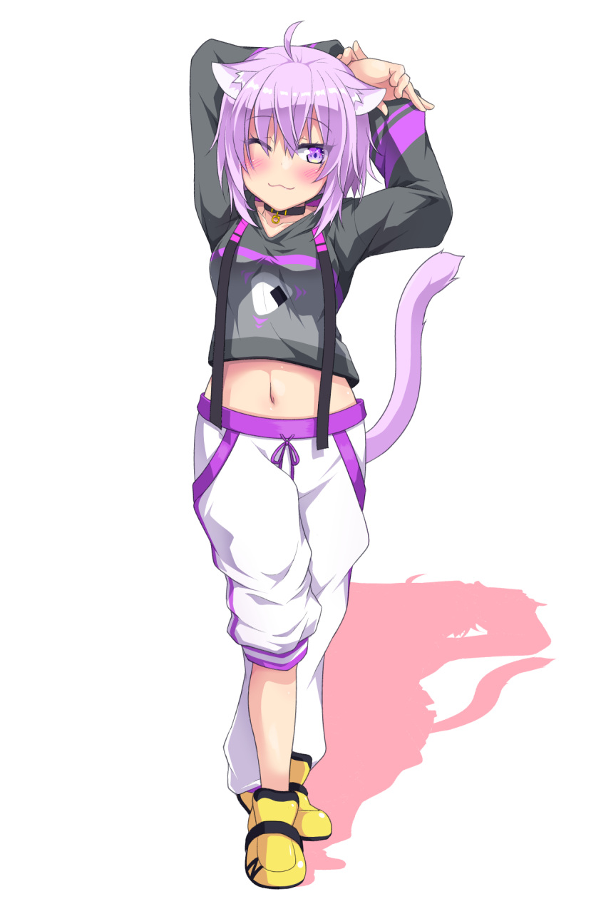 1girl ;3 ahoge animal_ears bangs black_collar black_hoodie blush cat_ears cat_tail collar collarbone commentary hair_between_eyes highres hololive navel nekomata_okayu one_eye_closed onigiri_print pants pants_rolled_up purple_hair shadow shoes short_hair simple_background smile solo strap tail violet_eyes virtual_youtuber white_background white_pants yellow_footwear yoru_no_night