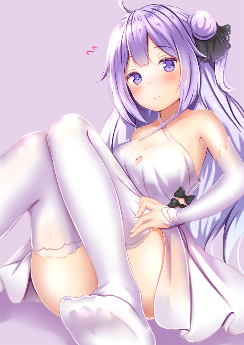 1girl ahoge armpits ass azur_lane bare_shoulders blush breasts closed_mouth collarbone convenient_leg criss-cross_halter detached_sleeves dress feet hair_bun halterneck highres knees_together_feet_apart knees_up long_hair looking_at_viewer medium_breasts no_shoes one_side_up purple_background purple_hair simple_background sitting solo thigh-highs unicorn_(azur_lane) violet_eyes white_dress white_legwear yuano