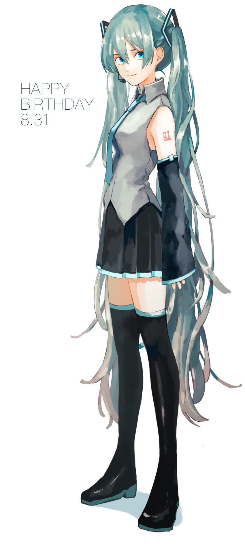 1girl absurdres aqua_eyes aqua_hair aqua_neckwear bare_shoulders birthday black_legwear black_skirt black_sleeves commentary detached_sleeves from_side full_body grey_shirt hair_ornament hatsune_miku headset highres ligton1225 long_hair looking_to_the_side microphone necktie shirt shoulder_tattoo simple_background skirt sleeveless sleeveless_shirt smile solo tattoo thigh-highs twintails very_long_hair vocaloid white_background zettai_ryouiki