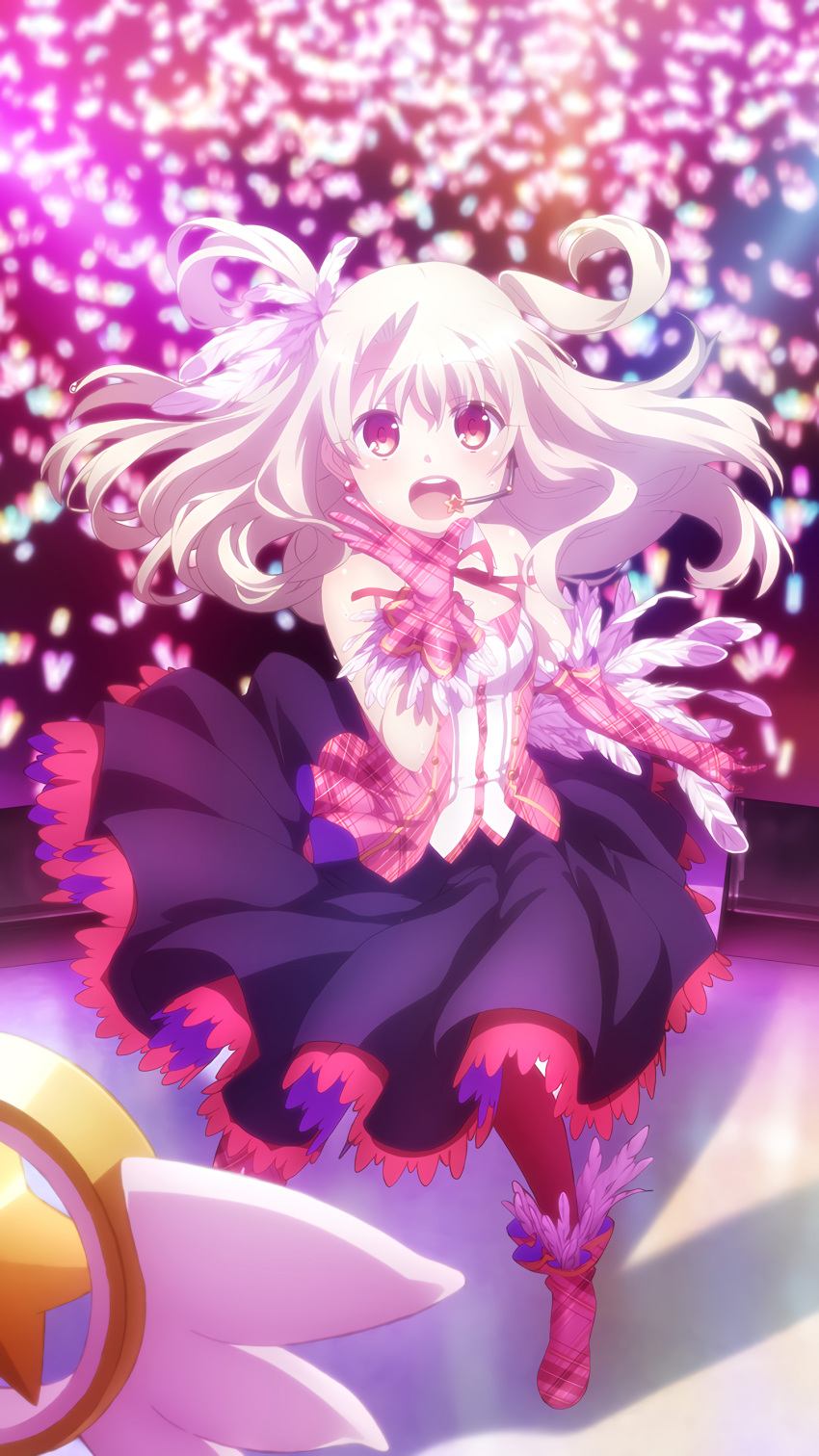 1girl absurdres black_skirt blurry blurry_background boots dress_shirt earrings fate/kaleid_liner_prisma_illya fate_(series) feathers floating_hair gloves hair_between_eyes hair_feathers headset highres idol illyasviel_von_einzbern jewelry long_hair long_skirt long_sleeves looking_at_viewer magical_ruby microphone neck_ribbon official_art open_mouth pink_gloves plaid_footwear plaid_gloves red_eyes red_footwear red_legwear red_ribbon ribbon shirt silver_hair skirt solo stage standing two_side_up white_feathers white_shirt