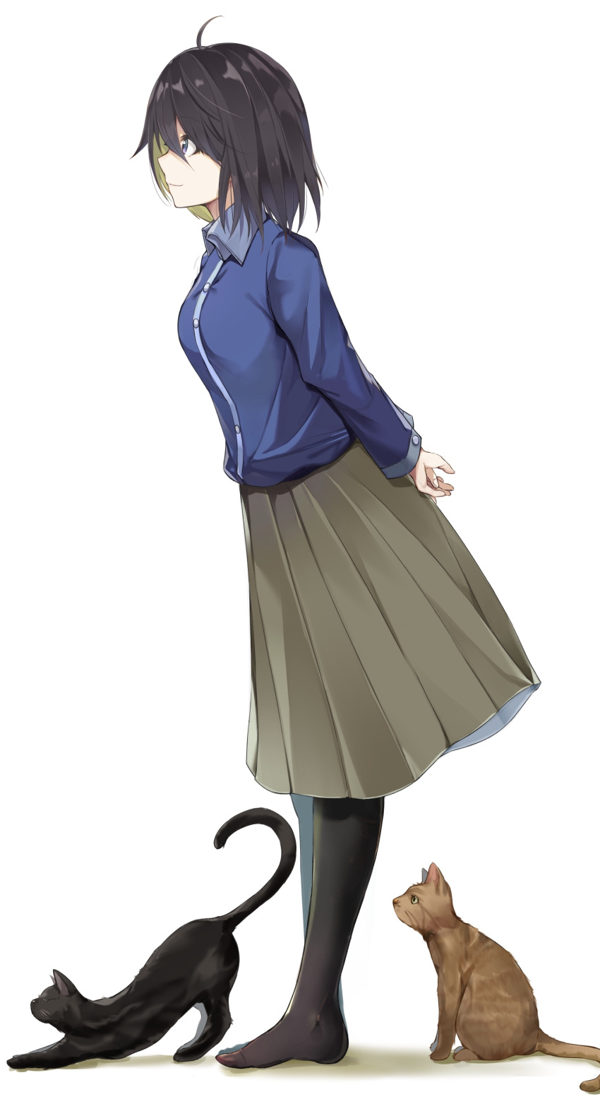 1girl absurdres ahoge animal arms_behind_back black_cat black_hair black_legwear blue_shirt breasts brown_cat brown_skirt cat closed_mouth commentary_request eyebrows_visible_through_hair from_side full_body green_hair hair_between_eyes highres kurokuro_illust leaning_forward long_skirt long_sleeves looking_afar looking_away medium_breasts multicolored_hair original own_hands_together pantyhose profile shirt short_hair simple_background skirt smile solo standing two-tone_hair violet_eyes white_background