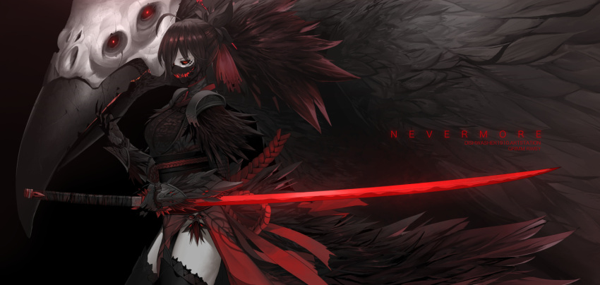 1girl ahoge animal bangs bird black_hair black_sclera boots breasts commentary corruption dark_persona dishwasher1910 english_commentary evil_grin evil_smile gloves grimm grin hair_between_eyes jewelry katana large_breasts long_hair mature necklace nevermore_(rwby) oversized_animal pale_skin ponytail raven_branwen red_eyes rwby skirt smile sword thigh-highs weapon white_skin