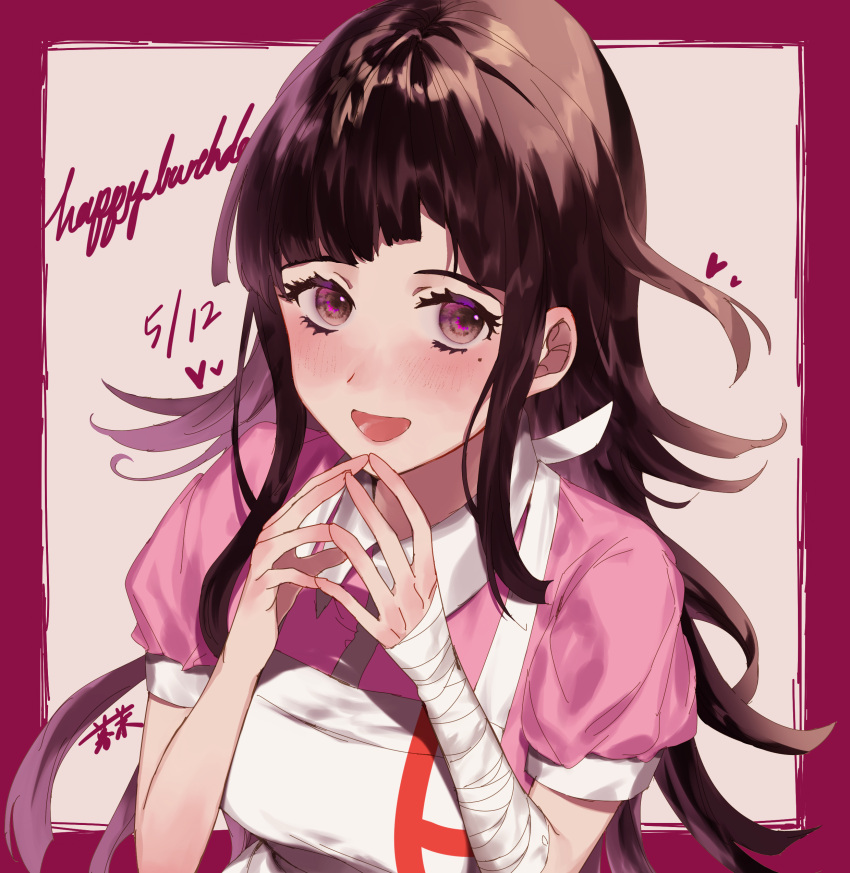 1girl absurdres apron bandaged_arm bandages black_hair blush breasts commentary_request dangan_ronpa dated fingers_together frame happy_birthday heart highres kureha221 large_breasts long_hair looking_at_viewer messy_hair mole mole_under_eye nurse pink_shirt puffy_short_sleeves puffy_sleeves shirt short_sleeves sidelocks signature smile solo super_dangan_ronpa_2 tsumiki_mikan violet_eyes white_apron