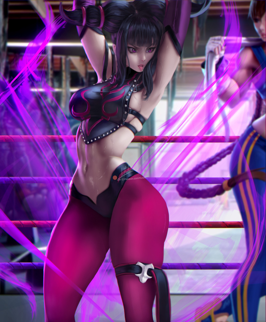 2girls absurdres armpits arms_up aura black_hair black_shorts boxing_ring chinese_clothes chun-li commentary detached_sleeves dudou english_commentary eyelashes han_juri highres hlulani lips multiple_girls navel no_bra nose pantyhose patreon_logo pink_legwear short_shorts shorts sidelocks signature skindentation slender_waist solo_focus street_fighter street_fighter_iv_(series) sweat taut_clothes thick_thighs thigh_strap thighs toned tongue tongue_out twintails updo violet_eyes watermark web_address