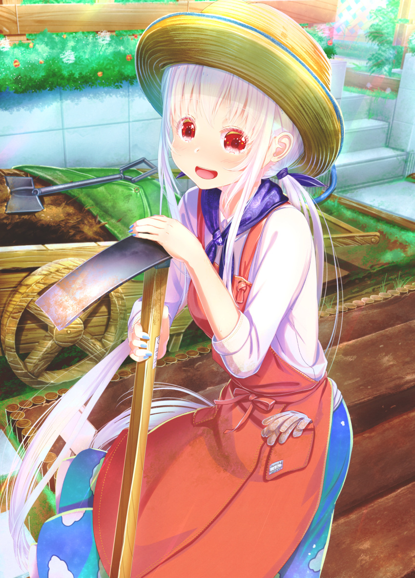 1girl :d abo_(kawatasyunnnosukesabu) apron bangs blue_nails blue_neckwear blue_ribbon blue_skirt bush cloud_print commentary_request day dirt gardening gloves gloves_removed hair_ribbon hat highres hoe lattice long_hair long_skirt looking_at_viewer nail_polish neckerchief open_mouth original outdoors print_skirt red_apron red_eyes ribbon shirt shovel sidelocks skirt smile solo straw_hat tarpaulin twintails very_long_hair wheelbarrow white_hair white_shirt