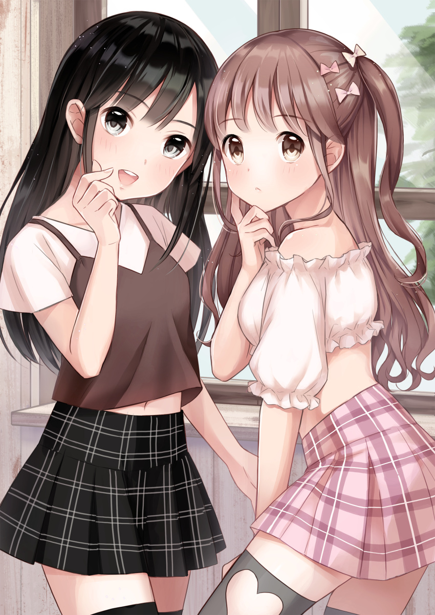 2girls :&lt; absurdres black_hair black_legwear black_skirt breasts brown_camisole brown_hair camisole commentary_request cowboy_shot crop_top day eyebrows_visible_through_hair grey_eyes hair_ribbon hand_on_own_cheek hand_on_own_thigh head_tilt head_to_head heart_cutout highres indoors leaning_forward light_brown_eyes long_hair looking_at_viewer medium_breasts midriff_peek multiple_girls navel one_side_up open_mouth original pink_skirt plaid plaid_skirt puffy_short_sleeves puffy_sleeves ribbon shirt short_sleeves skirt small_breasts standing thigh-highs upper_teeth utaka_(anyoanyot) very_long_hair white_shirt window windowsill zettai_ryouiki