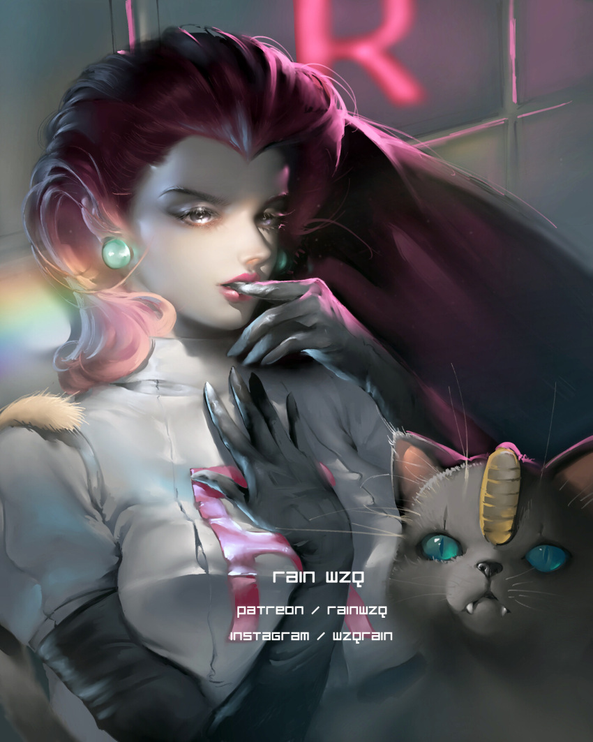 1girl artist_name big_hair biting black_gloves breasts cat commentary earrings elbow_gloves eyelashes fangs fangs_out finger_biting finger_to_mouth gen_1_pokemon gloves hair_slicked_back hand_on_own_chest highres instagram_username jewelry lips long_hair looking_afar meowth musashi_(pokemon) nose patreon_username pokemon pokemon_(anime) pokemon_(creature) rain_wzq rainbow redhead team_rocket_uniform upper_body