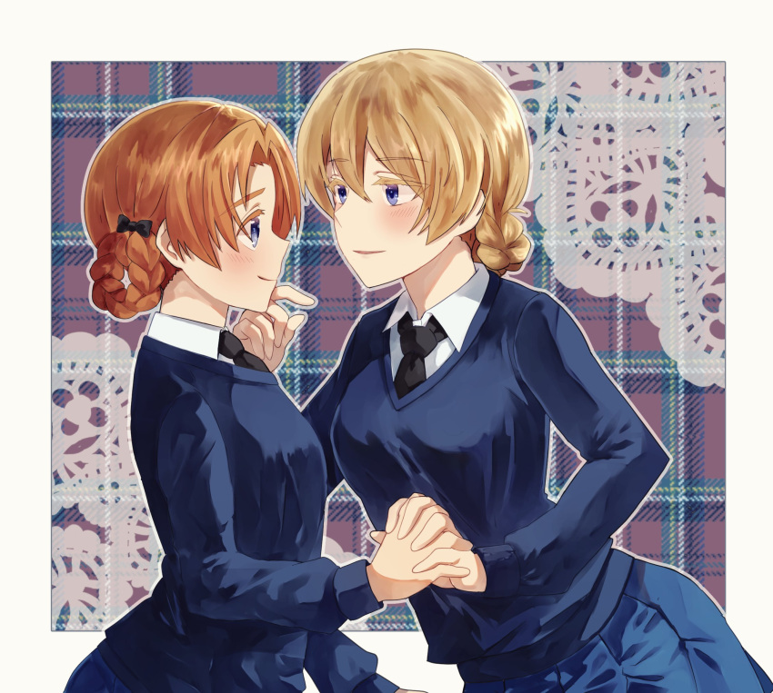 2girls bangs black_bow black_neckwear blonde_hair blue_eyes blue_skirt blue_sweater blush bow braid closed_mouth commentary darjeeling doily dress_shirt eyebrows_visible_through_hair girls_und_panzer hair_bow hand_on_another's_face highres holding_hands interlocked_fingers leaning_forward long_sleeves looking_at_another miniskirt multiple_girls necktie no_emblem orange_hair orange_pekoe outside_border parted_bangs parted_lips plaid plaid_background pleated_skirt school_uniform senta_(ysk_0218) shirt short_hair skirt smile st._gloriana's_school_uniform sweater tied_hair v-neck white_shirt wing_collar yuri