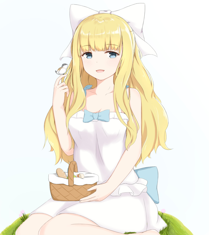 1girl alternate_costume bird blonde_hair blue_eyes bow charlotte_(fire_emblem_if) chirun0 commentary dress fire_emblem fire_emblem_heroes fire_emblem_if grass hair_bow highres long_hair open_mouth picnic_basket simple_background sitting solo white_background white_bow white_dress