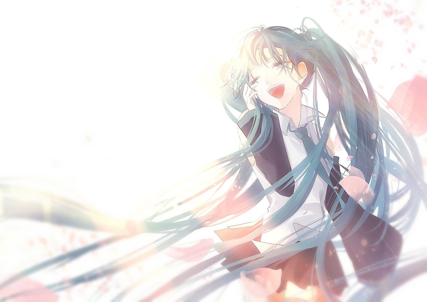 1girl ;d adjusting_hair arm_at_side backlighting black_skirt blue_eyes blue_hair blue_neckwear blurry blurry_background blurry_foreground bokeh clothes_lift collared_shirt cowboy_shot depth_of_field detached_sleeves flat_chest floating floating_hair hand_on_own_cheek happy hatsune_miku highres light_rays long_hair looking_away necktie one_eye_closed open_mouth petals shirt simple_background skirt sleeveless sleeveless_shirt smile solo squinting standing sun sunbeam sunlight teeth thigh-highs thighs tongue twintails un_known9999 upper_teeth very_long_hair vocaloid white_background white_shirt wide_sleeves wind wind_lift zettai_ryouiki