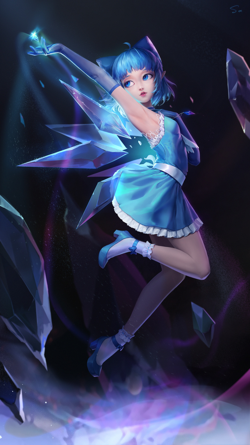 1girl ahoge alternate_costume arm_up armpits black_background blue_choker blue_dress blue_eyes blue_footwear blue_gloves blue_hair bobby_socks bow breasts choker cirno crystal dress elbow_gloves flying folded_leg frilled_dress frilled_legwear frills full_body gloves glowing hair_bow hand_on_own_chest high_heels highres ice ice_wings jewelry jumping leg_lift light_particles light_trail lips lipstick looking_away looking_back looking_up makeup necklace outstretched_arm outstretched_hand parted_lips pendant pink_lips pointy_ears sarena sash short_hair signature sleeveless sleeveless_dress small_breasts socks solo strappy_heels touhou upper_teeth white_legwear wings