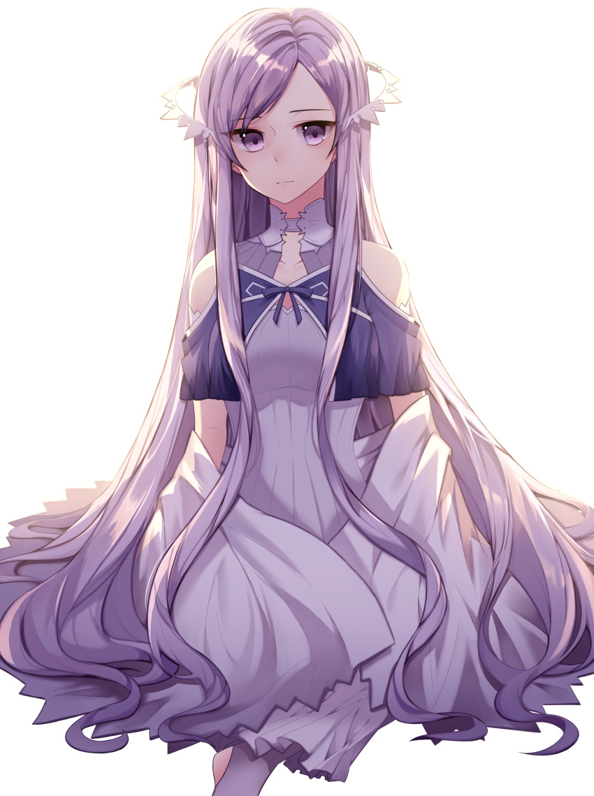1girl absurdres bangs bare_shoulders breasts choker commentary_request dress eyebrows_visible_through_hair frown highres large_breasts long_hair looking_at_viewer purple_hair quinella ribbon simple_background solo sword_art_online very_long_hair violet_eyes white_background white_choker white_dress yeorem