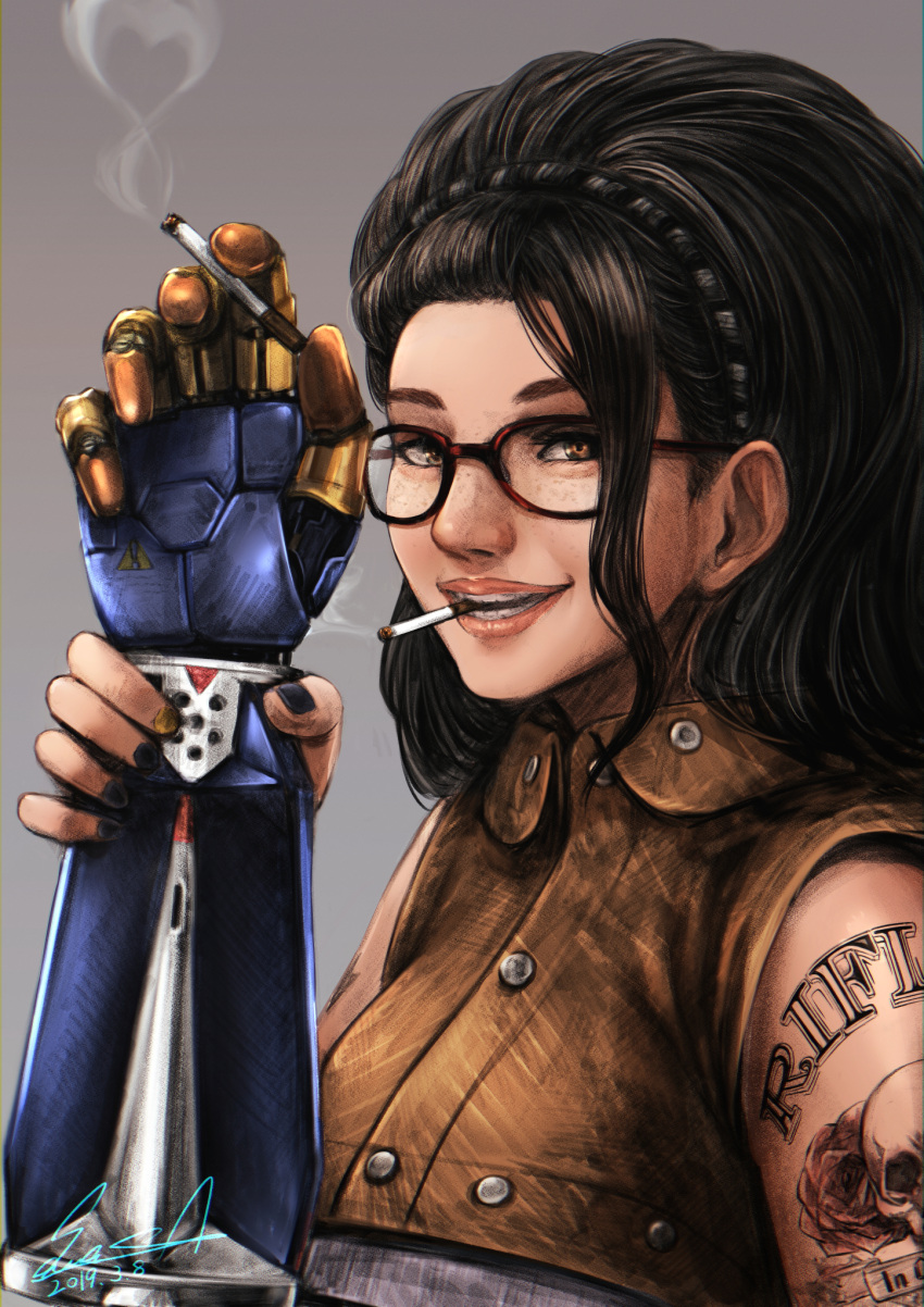 1girl arm_tattoo black_hair black_nails brown_eyes cigarette commentary devil_breaker devil_may_cry devil_may_cry_5 english_commentary eyebrows eyebrows_visible_through_hair forehead freckles glasses grin hair_pulled_back highres holding_arm lips long_hair looking_at_viewer medium_hair nail_polish nico_(devil_may_cry) nose prosthesis prosthetic_arm red-framed_eyewear sawasa shoulder_tattoo sleeveless smile smoke smoking solo tattoo